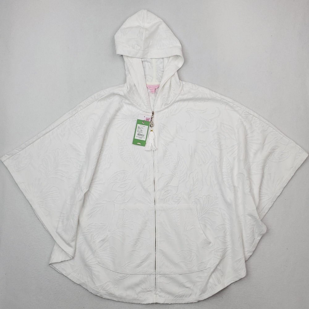 Lilly Pulitzer Robbins Poncho Womens Large White Jungle Leaf Jacquard Hooded